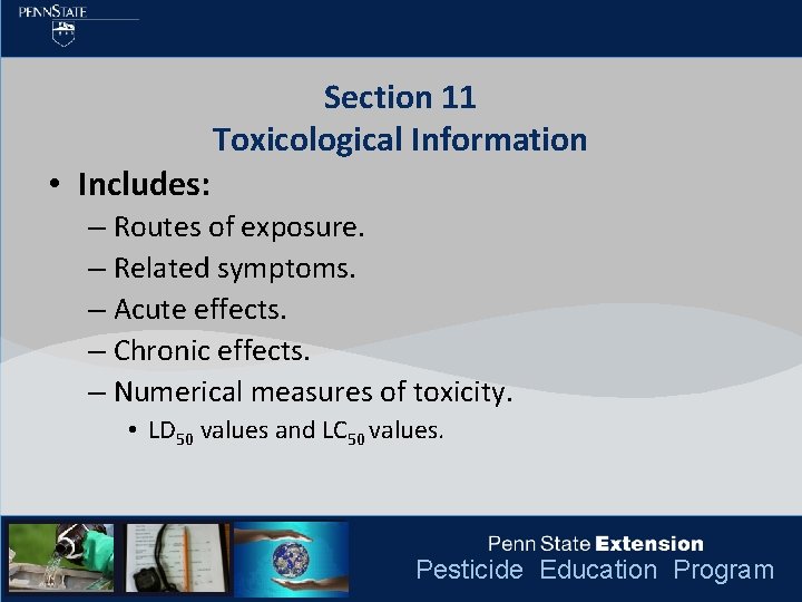 Section 11 Toxicological Information • Includes: – Routes of exposure. – Related symptoms. –
