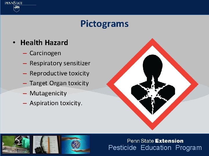 Pictograms • Health Hazard – – – Carcinogen Respiratory sensitizer Reproductive toxicity Target Organ