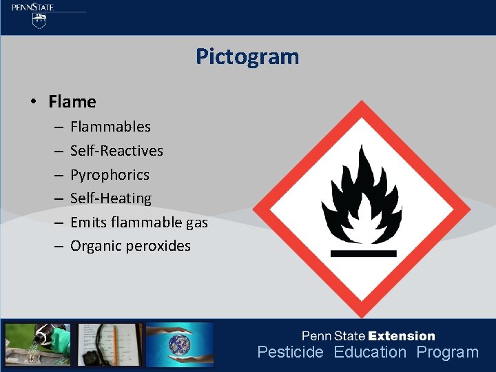 Pictogram • Flame – – – Flammables Self-Reactives Pyrophorics Self-Heating Emits flammable gas Organic