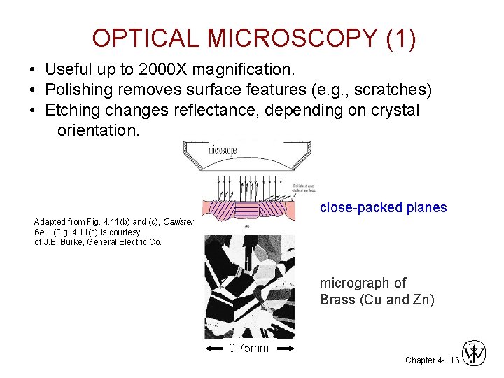 OPTICAL MICROSCOPY (1) • Useful up to 2000 X magnification. • Polishing removes surface