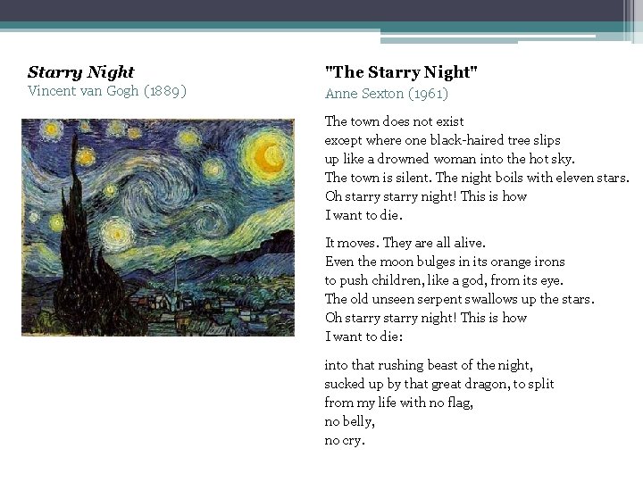 Starry Night "The Starry Night" Vincent van Gogh (1889) Anne Sexton (1961) The town