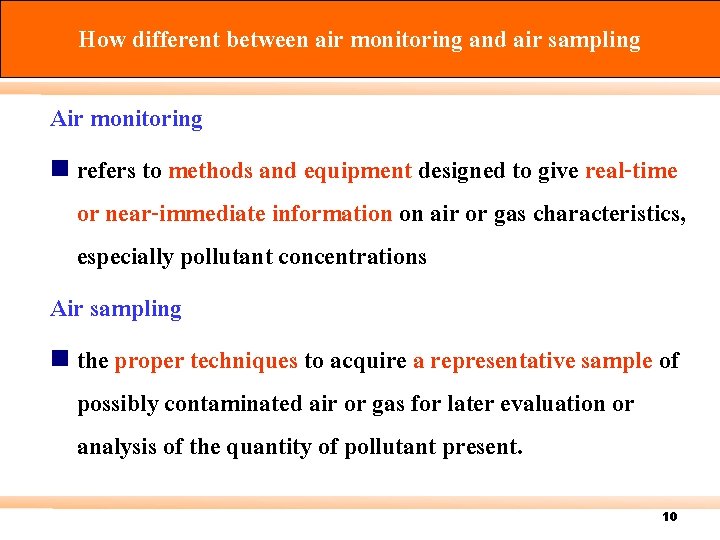 How different between air monitoring and air sampling Air monitoring n refers to methods
