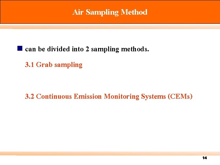Air Sampling Method n can be divided into 2 sampling methods. 3. 1 Grab