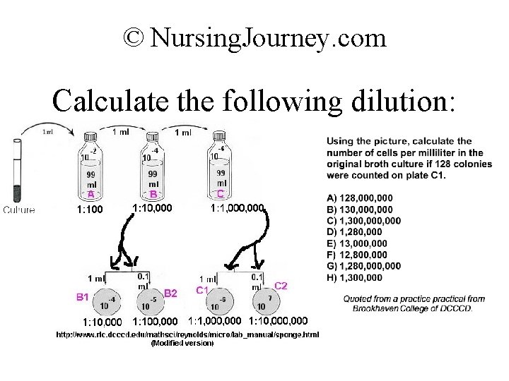 © Nursing. Journey. com Calculate the following dilution: 