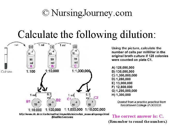 © Nursing. Journey. com Calculate the following dilution: The correct answer is: C. (Remember