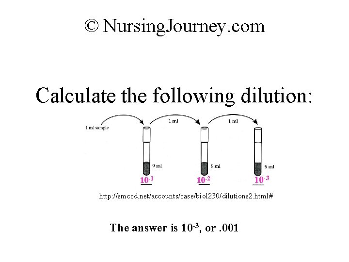 © Nursing. Journey. com Calculate the following dilution: 10 -1 10 -2 10 -3