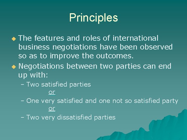 Principles The features and roles of international business negotiations have been observed so as