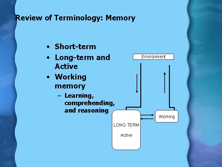 Review of Terminology: Memory • Short-term • Long-term and Active • Working memory Environment