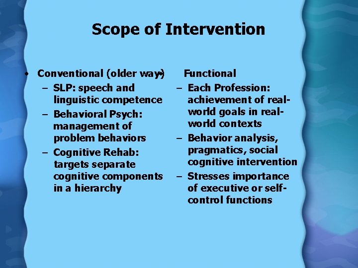 Scope of Intervention • Conventional (older way) • Functional – SLP: speech and –