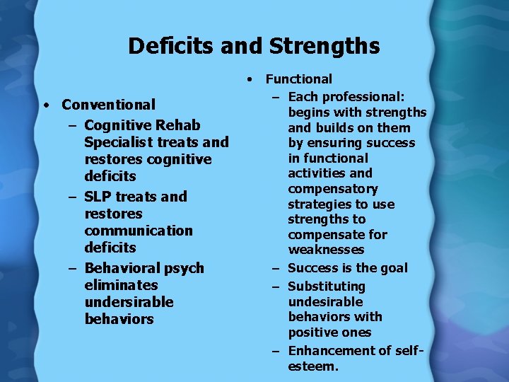 Deficits and Strengths • • Conventional – Cognitive Rehab Specialist treats and restores cognitive