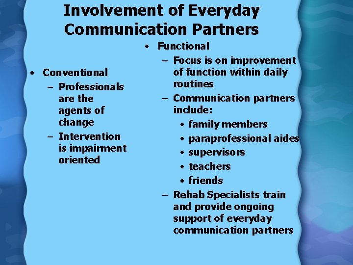 Involvement of Everyday Communication Partners • Conventional – Professionals are the agents of change