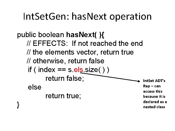 Int. Set. Gen: has. Next operation public boolean has. Next( ){ // EFFECTS: If Int. Set. Gen: has. Next operation public boolean has. Next( ){ // EFFECTS: If