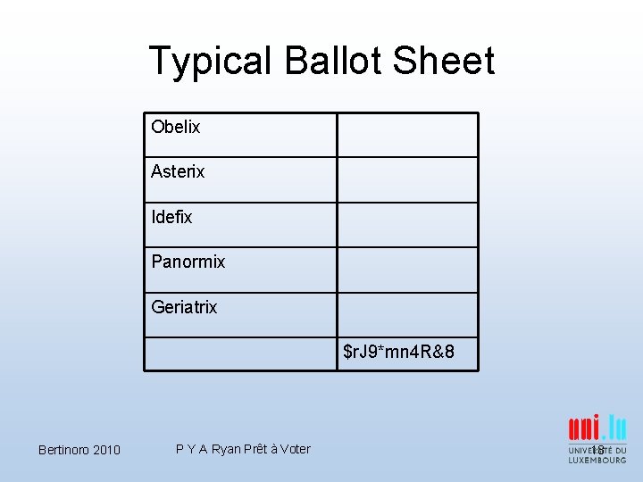 Typical Ballot Sheet Obelix Asterix Idefix Panormix Geriatrix $r. J 9*mn 4 R&8 Bertinoro