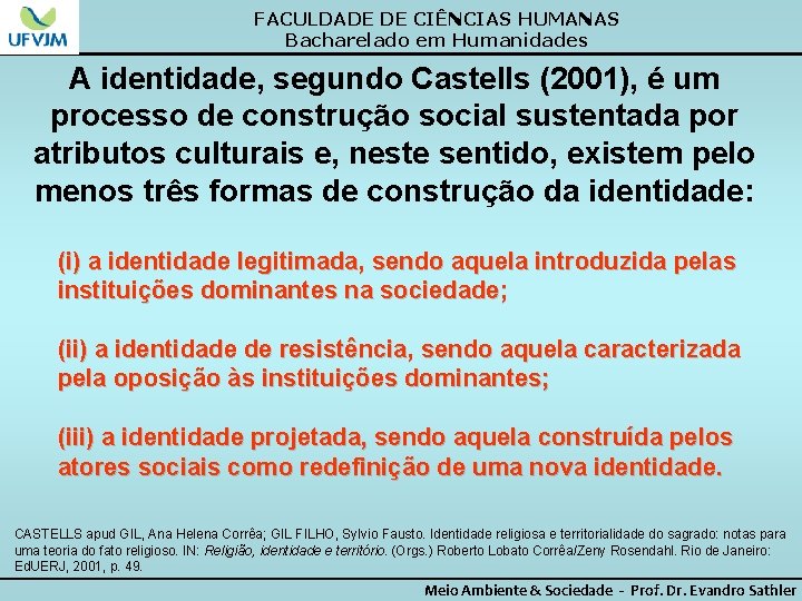 FACULDADE DE CIÊNCIAS HUMANAS Bacharelado em Humanidades A identidade, segundo Castells (2001), é um
