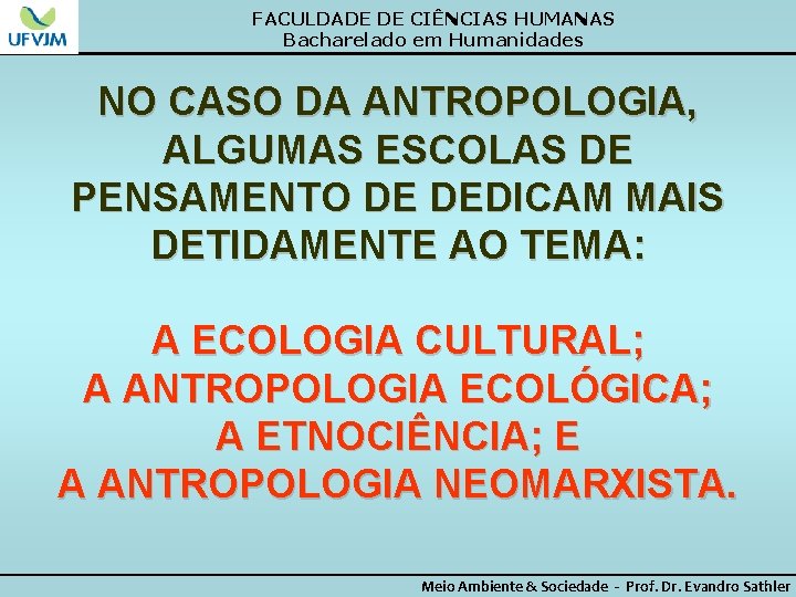 FACULDADE DE CIÊNCIAS HUMANAS Bacharelado em Humanidades NO CASO DA ANTROPOLOGIA, ALGUMAS ESCOLAS DE