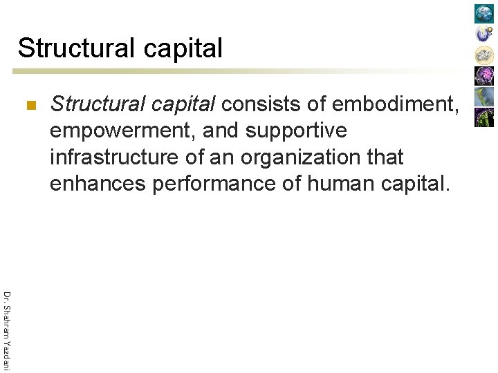 Structural capital n Structural capital consists of embodiment, empowerment, and supportive infrastructure of an