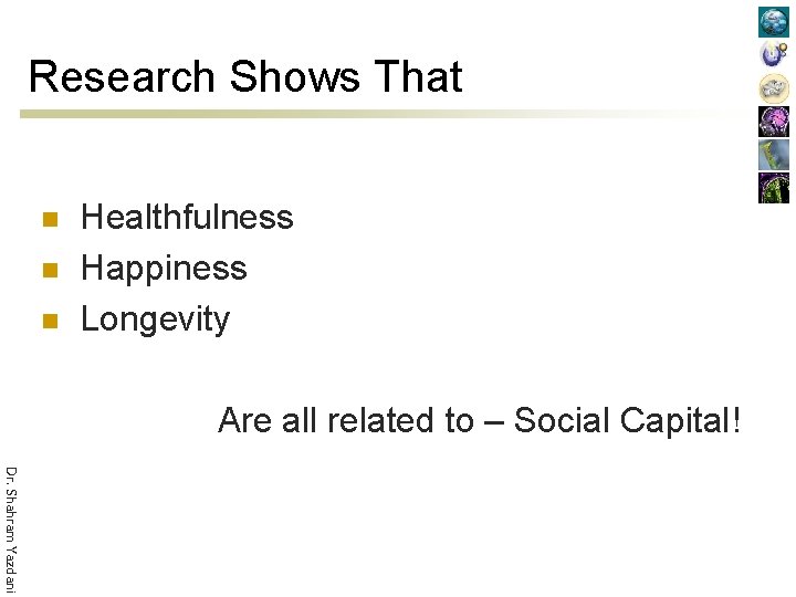 Research Shows That n n n Healthfulness Happiness Longevity Are all related to –