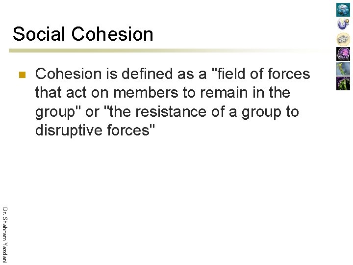 Social Cohesion n Cohesion is defined as a "field of forces that act on