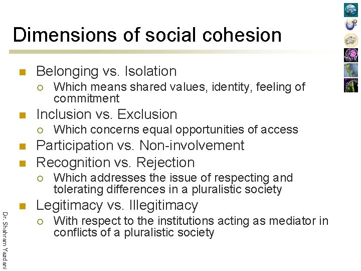 Dimensions of social cohesion n Belonging vs. Isolation ¡ n Inclusion vs. Exclusion ¡