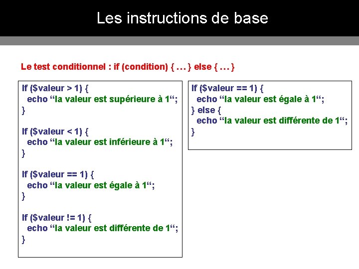 Les instructions de base Le test conditionnel : if (condition) { … } else Les instructions de base Le test conditionnel : if (condition) { … } else