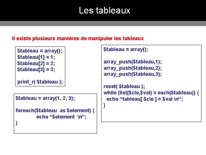 Les tableaux Il existe plusieurs manières de manipuler les tableaux $tableau = array(); $tableau[1]