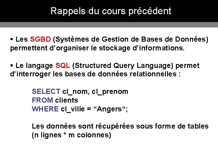 Rappels du cours précédent § Les SGBD (Systèmes de Gestion de Bases de Données) Rappels du cours précédent § Les SGBD (Systèmes de Gestion de Bases de Données)