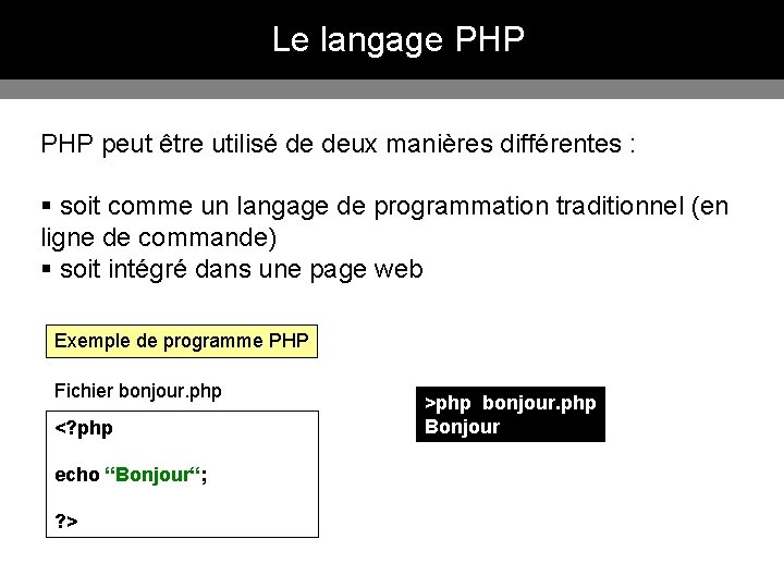Le langage PHP peut être utilisé de deux manières différentes : § soit comme Le langage PHP peut être utilisé de deux manières différentes : § soit comme