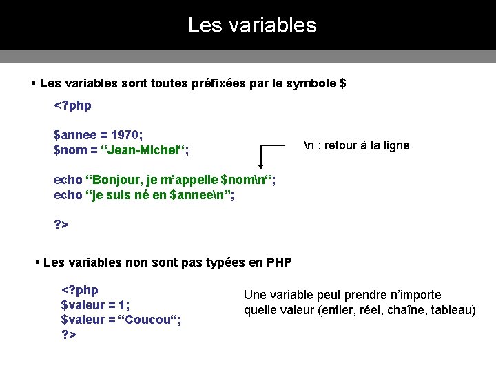 Les variables § Les variables sont toutes préfixées par le symbole $ <? php Les variables § Les variables sont toutes préfixées par le symbole $ <? php