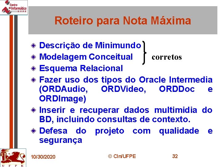 Roteiro para Nota Máxima Descrição de Minimundo corretos Modelagem Conceitual Esquema Relacional Fazer uso