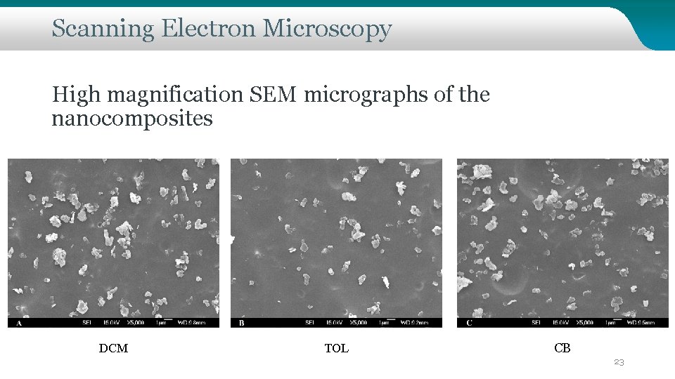 Scanning Electron Microscopy High magnification SEM micrographs of the nanocomposites DCM TOL CB 23
