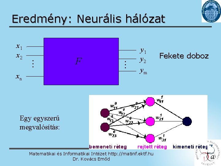 xn F … x 1 x 2 … Eredmény: Neurális hálózat y 1 y