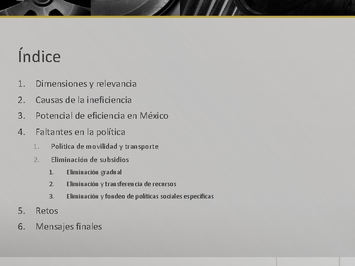 Índice 1. Dimensiones y relevancia 2. Causas de la ineficiencia 3. Potencial de eficiencia