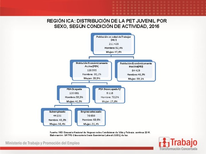 REGIÓN ICA: DISTRIBUCIÓN DE LA PET JUVENIL POR SEXO, SEGÚN CONDICIÓN DE ACTIVIDAD, 2016