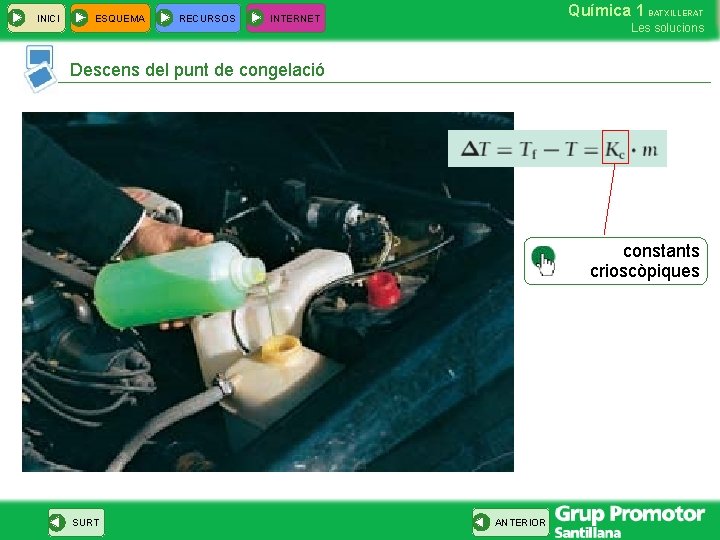 INICI ESQUEMA RECURSOS Química 1 BATXILLERAT INTERNET Les solucions Descens del punt de congelació