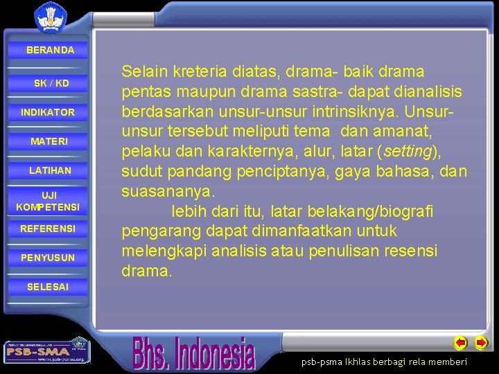 BERANDA SK / KD INDIKATOR MATERI LATIHAN UJI KOMPETENSI REFERENSI PENYUSUN Selain kreteria diatas,