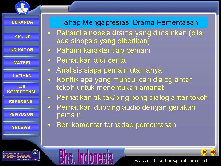 BERANDA SK / KD INDIKATOR MATERI LATIHAN UJI KOMPETENSI REFERENSI • • PENYUSUN SELESAI