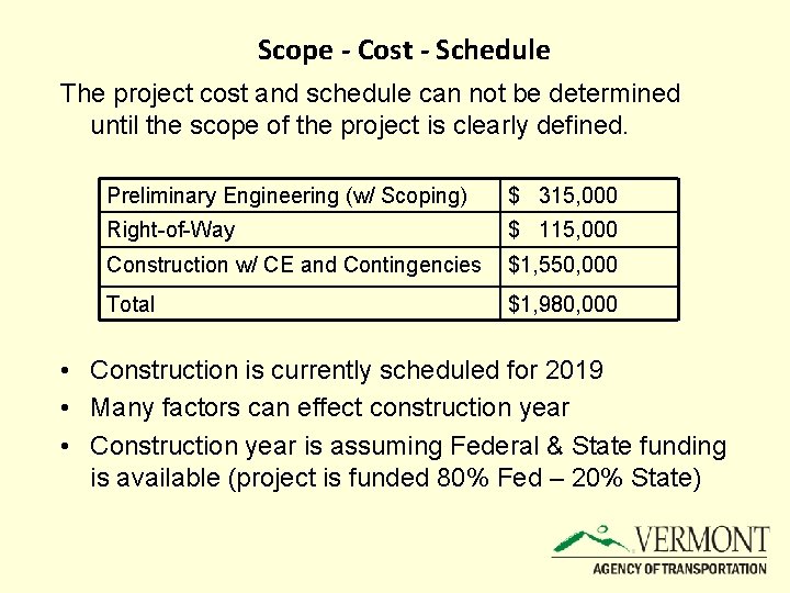 Scope - Cost - Schedule The project cost and schedule can not be determined