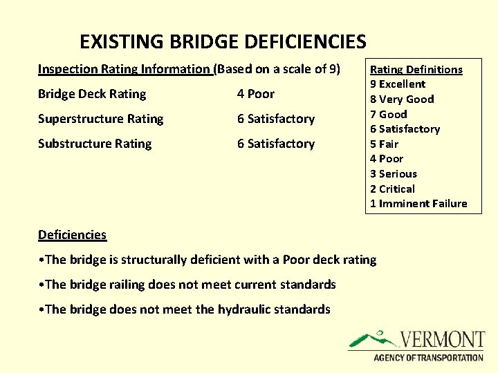 EXISTING BRIDGE DEFICIENCIES Inspection Rating Information (Based on a scale of 9) Bridge Deck