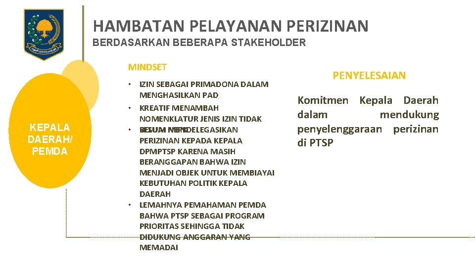 HAMBATAN PELAYANAN PERIZINAN BERDASARKAN BEBERAPA STAKEHOLDER MINDSET KEPALA DAERAH/ PEMDA • IZIN SEBAGAI PRIMADONA