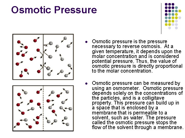Osmotic Pressure l Osmotic pressure is the pressure necessary to reverse osmosis. At a