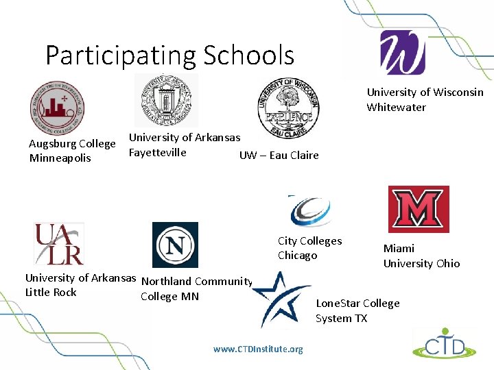 Participating Schools University of Wisconsin Whitewater Augsburg College University of Arkansas Fayetteville UW –