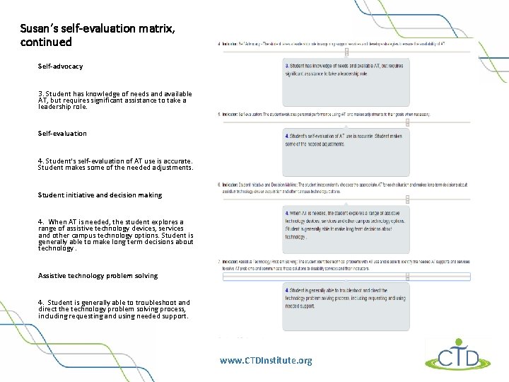 Susan’s self-evaluation matrix, continued Self-advocacy 3. Student has knowledge of needs and available AT,