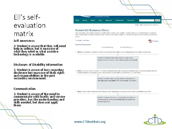 Eli’s selfevaluation matrix Self-awareness 3. Student is aware that they will need help in