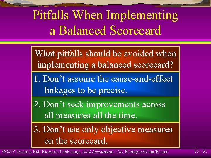 Pitfalls When Implementing a Balanced Scorecard What pitfalls should be avoided when implementing a