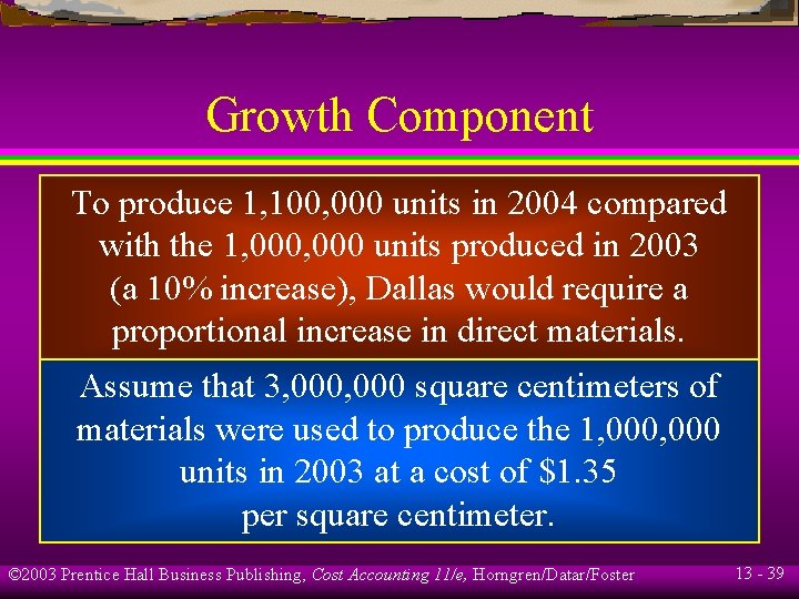 Growth Component To produce 1, 100, 000 units in 2004 compared with the 1,