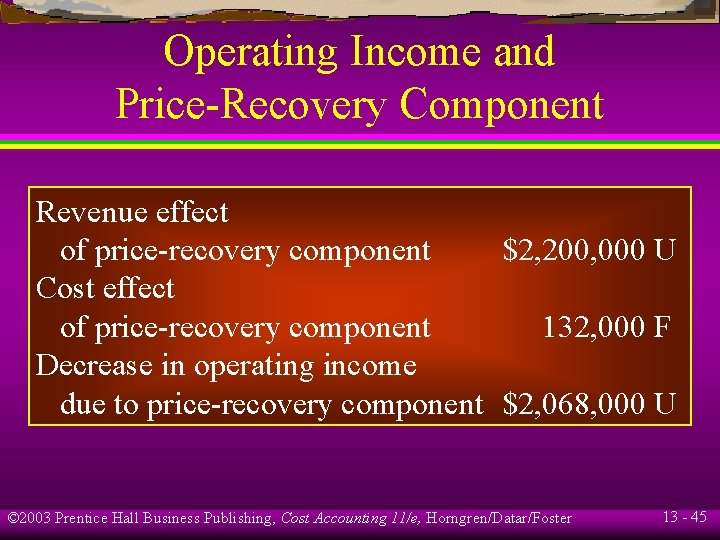 Operating Income and Price-Recovery Component Revenue effect of price-recovery component $2, 200, 000 U