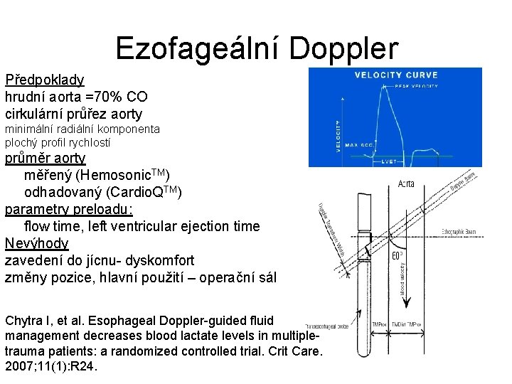 Ezofageální Doppler Předpoklady hrudní aorta =70% CO cirkulární průřez aorty minimální radiální komponenta plochý