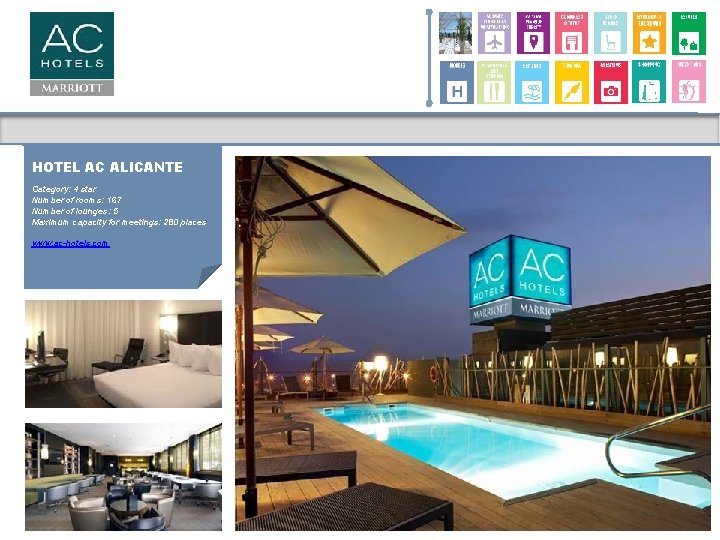 HOTEL AC ALICANTE Category: 4 star Number of rooms: 167 Number of lounges: 5