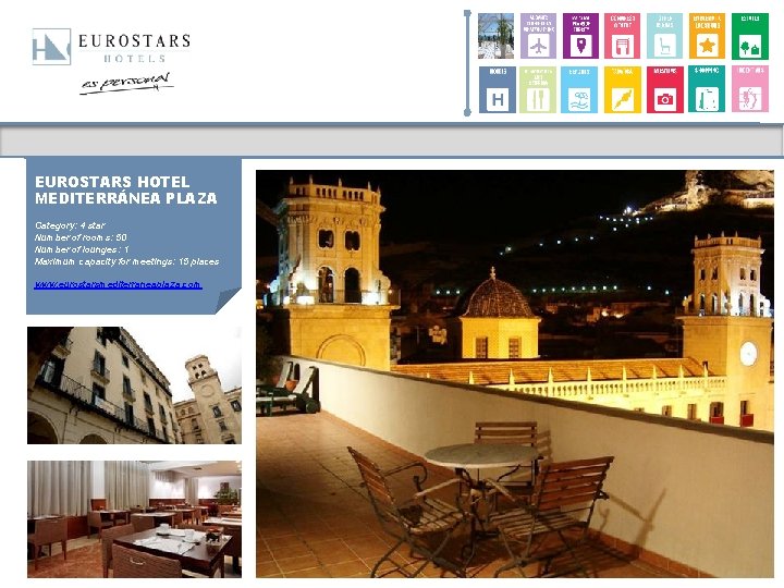 EUROSTARS HOTEL MEDITERRÁNEA PLAZA Category: 4 star Number of rooms: 50 Number of lounges: