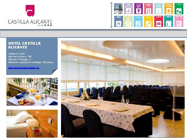 HOTEL CASTILLA ALICANTE Category: 3 star Number of rooms: 155 Number of lounges: 3